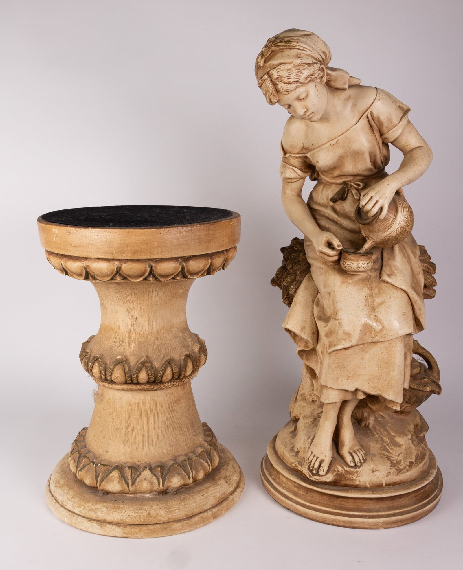 Chalkware Reproduction of Hippolyte Francois Moreau Statue with Pedestal: Chalkware Reproduction of Hippolyte Francois Moreau Statue with Pedestal - slightly chipped near the base Size 30" H Literature Brooks Auction – Online Auction Terms & Conditions