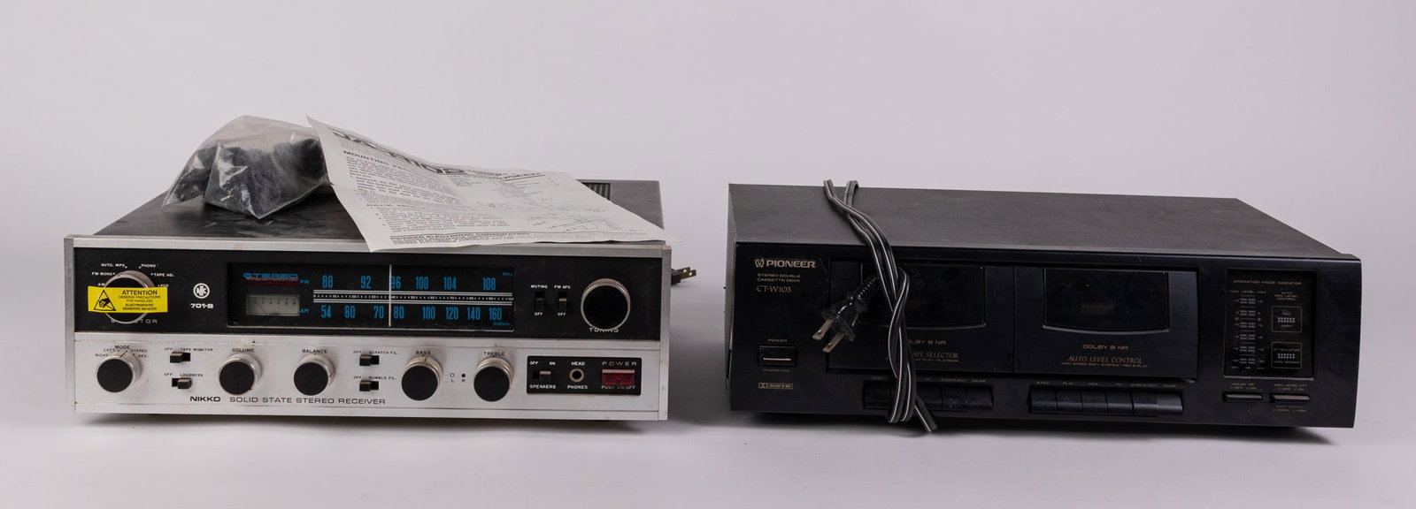 Pair of Audio Equipment ft. Nikko & Pioneer: Pioneer Stereo Double Cassette Deck CT-W103, includes JA-R102 Rack Mount Adaptor - Nikko Solid State Stereo Receiver 701-B Size 4" x 15" x 12" Literature Brooks Auction – Online Auction Terms & 