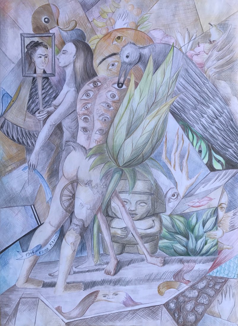 Frida Kahlo (Colored pencils on paper): Frida Kahlo. Colored pencils on Paper. 29 3/8 x 21 ½”. Signed 1946 Frida Kahlo Provenance and certification: R.P. Ruben Garcia Vdillo Mexico, Collection of Hugo Arguelles Escuela de escritores de l