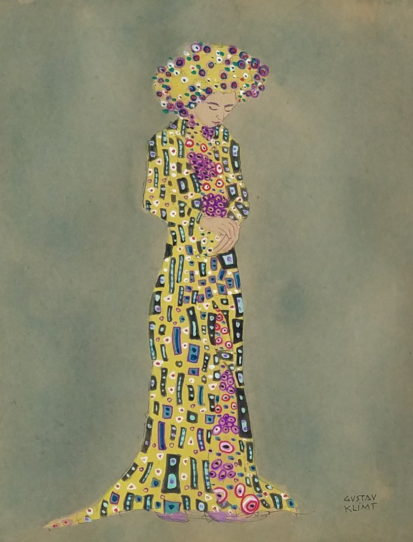 Signed Gustav Klimt: Watercolor and ink on paper 11 3/8 by 9 inches