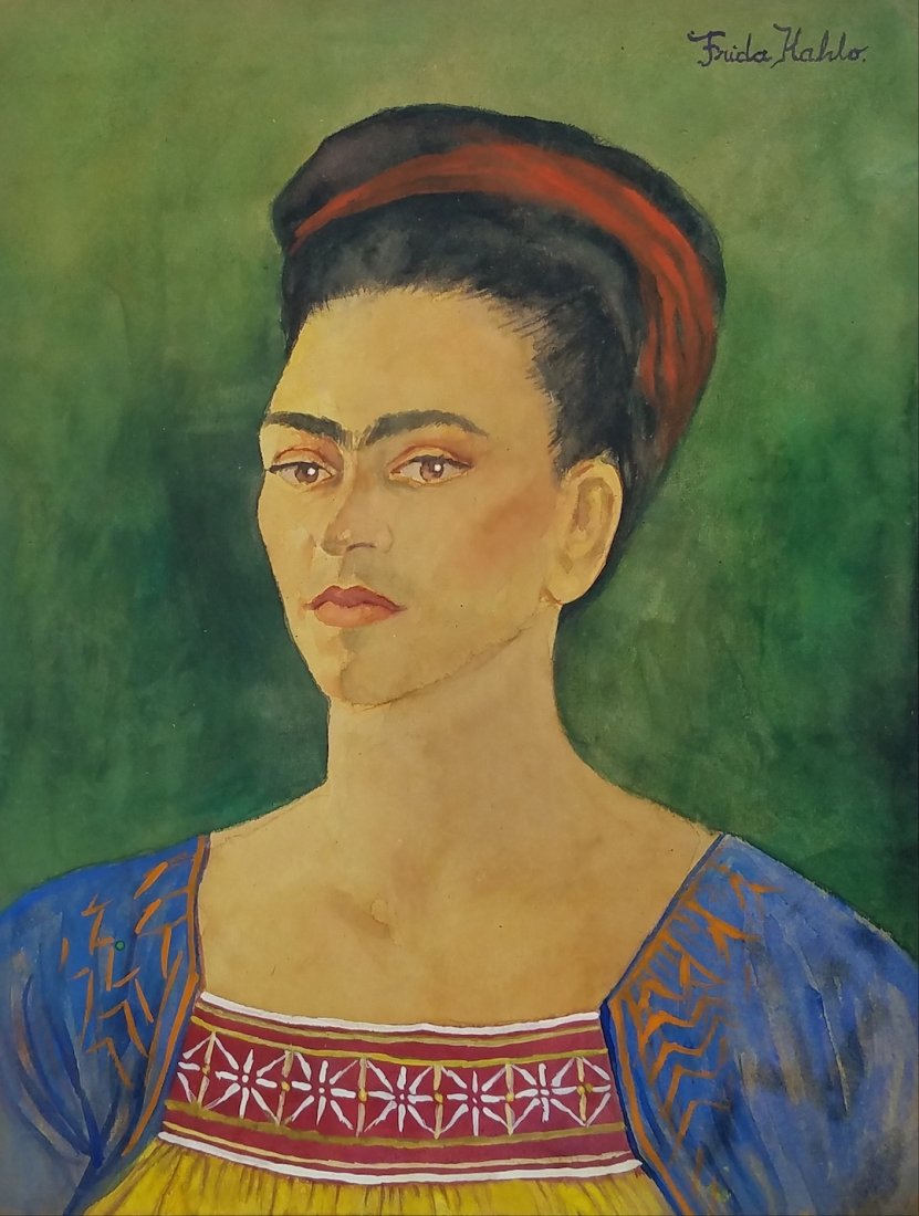 Frida Kahlo (Watercolor on paper): Watercolor on paper painting by Frida Kahlo, COA from Galeria Espejo de Vientos. size: 14 by 12 inches, the artwork is framed.