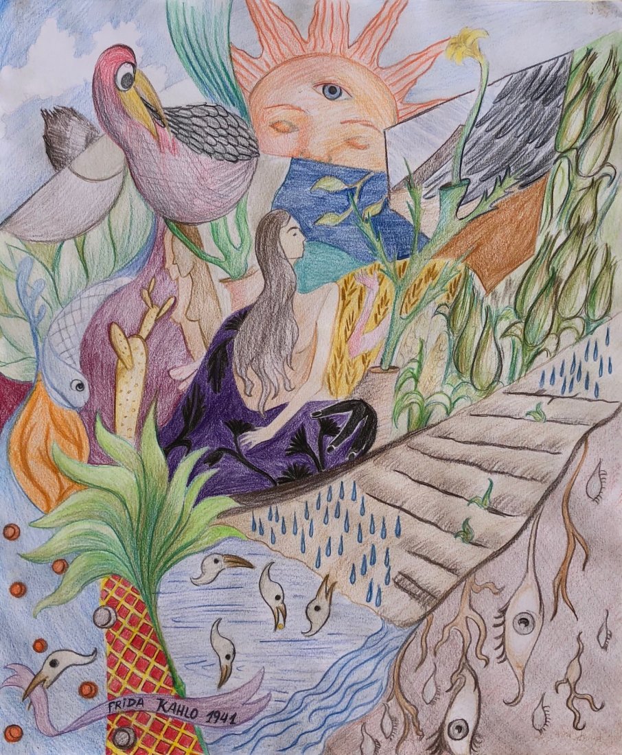Frida Kahlo (Colored Pencil on Paper): Frida Kahlo (Colored Pencil on Paper) 14 1/4 by 12 inches, COA from Instituto Nacional de Bellas Artes (INBA). The painting is framed.