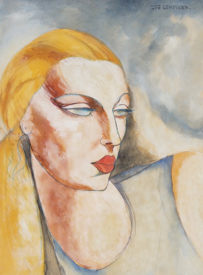 Tamara de Lempicka ATTR. (Watercolor on paper): Watercolor on paper painting signed upper right T. de Lempicka size: 13 1/4 by 10 inches. This painting comes with a attribution COA. Also the painting is framed.