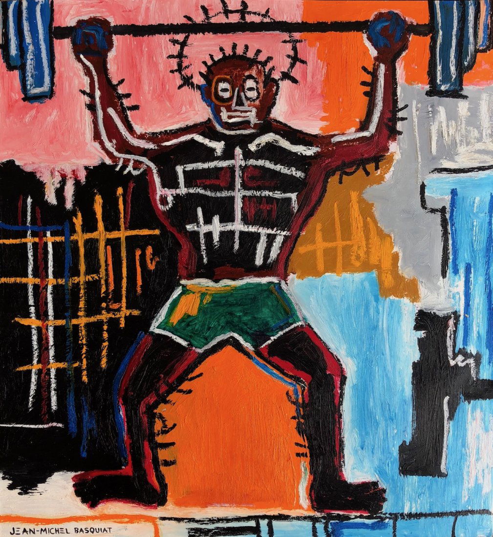 Jean Michel Basquiat (Oil Stick Mixed media on paper): Jean Michel Basquiat Oil Stick and Mixed media on paper Painting. Signed Jean Michel Basquiat Lower Left . Size: 14 1/2 x 13 3/8". This Painting comes with a Certificate of Authenticity. The painting