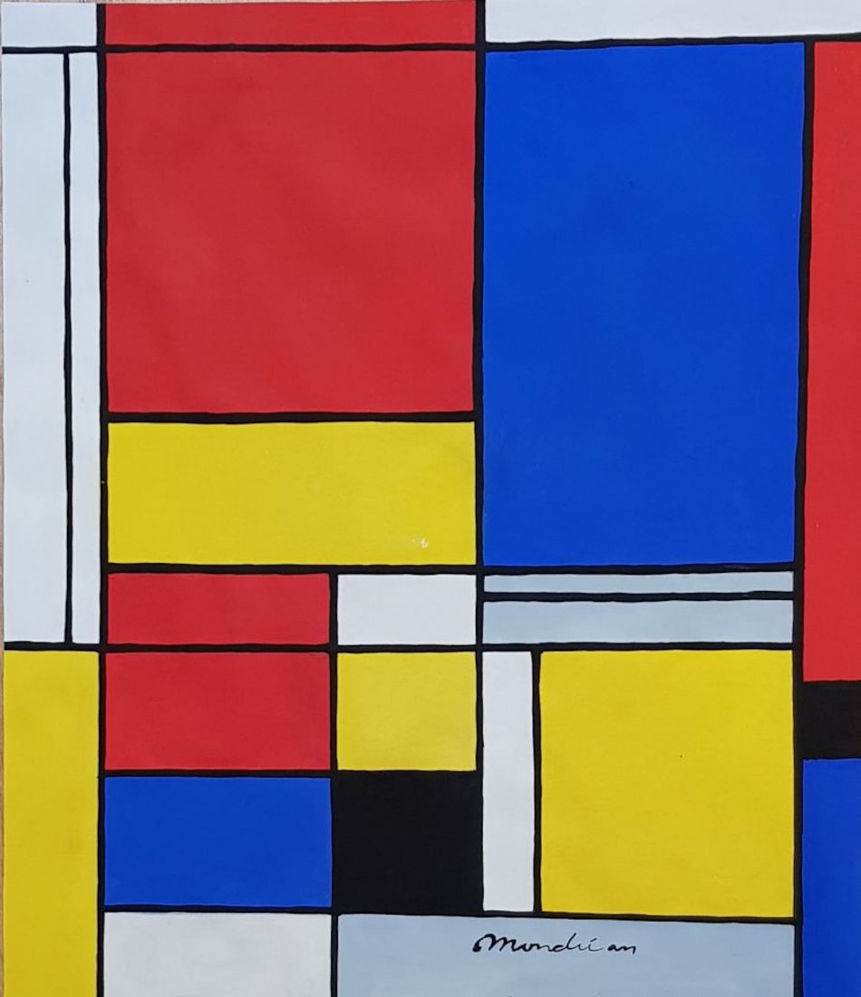 Piet Mondrian (Gouache on paper): Gouache on paper painting signed lower right Mondrian, measures: 12 3/4 by 11 1/4 inches.