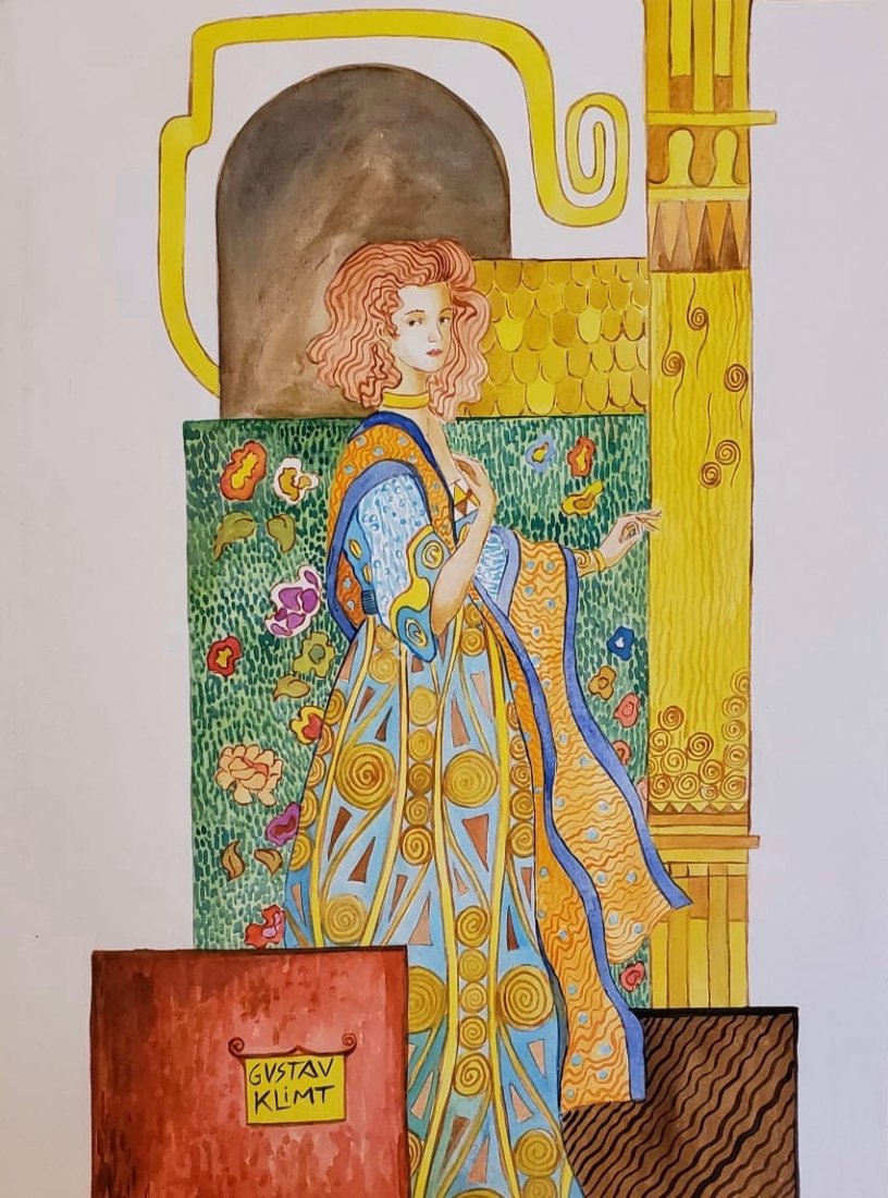 Gustav Klimt (Watercolor on Paper): Watercolor on paper painting signed lower left Gustav Klimt, Measures: 13 1/2 by 9 7/8 inches. The painting is framed.