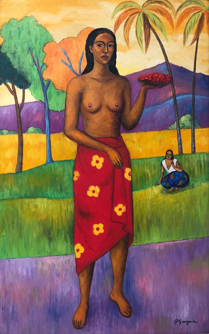 French (Oil on Canvas) painting: Paul Gauguin Oil on canvas painting signed lower right P. Gauguin. painting measures: 27 3/4 by 22 1/4 inches, with fame: 32 5/8 by 22 1/2 inches. Paul Gauguin (7 June 1848 Â– 8 May 1903) was a Fre