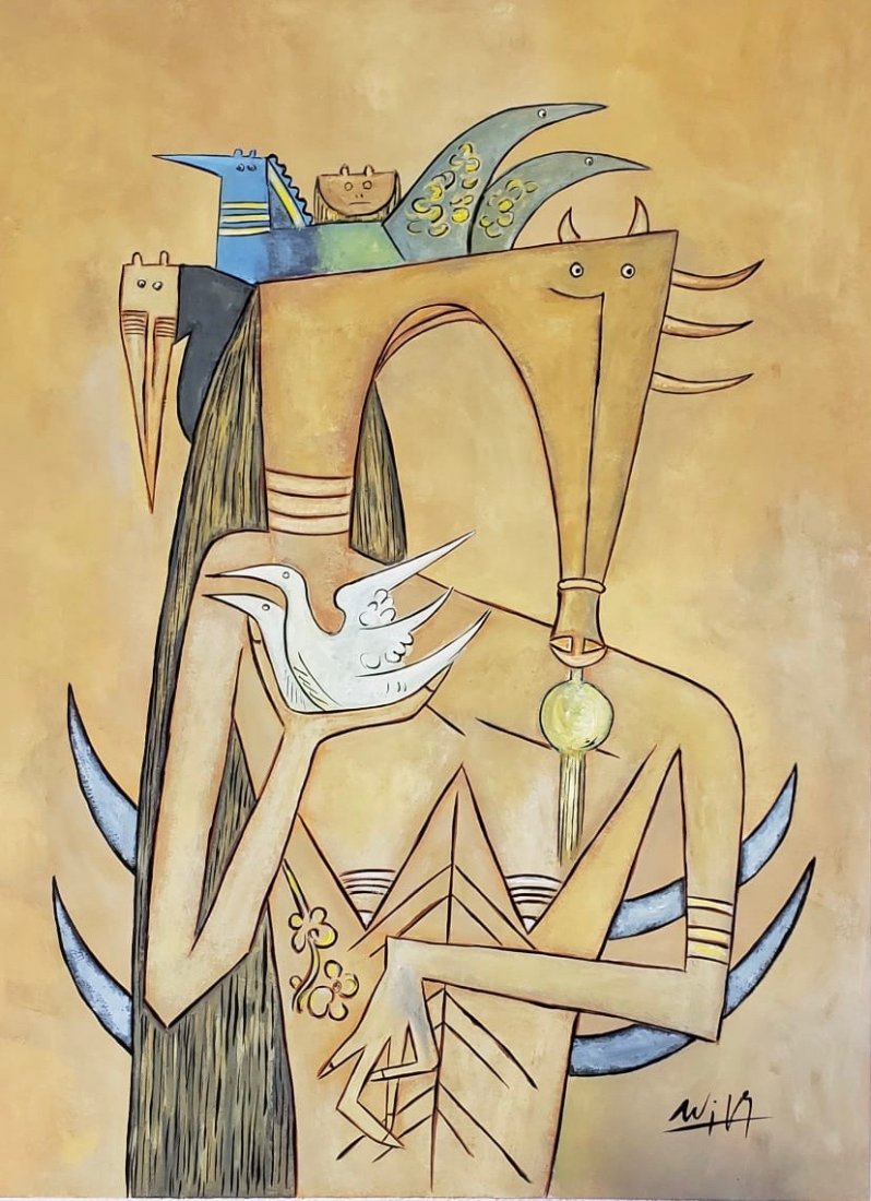 Cuban painting (Gouache on paper): Gouache on paper painting signed lower right Wifredo lam. Measures: 14 1/8 by 10 3/8 inches Private collection Miami , Florida. The painting is framed.