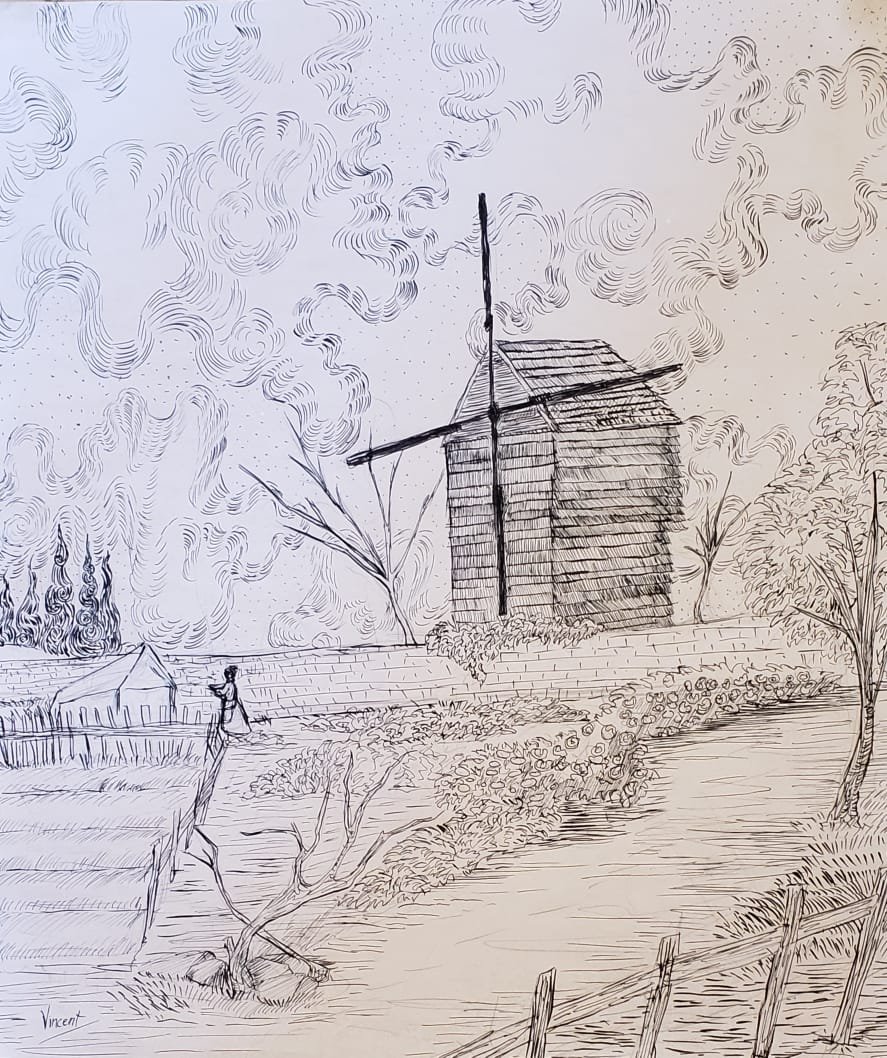 Ink on Paper Painting: Singed: "Vincent" Lower Left in Black Ink .Ink on paper painting , Measures: 15 by 12 3/4 inches. The painting is framed. Provenance: DR. Dreher Brienz, Switzerland Acquired around 1918.
