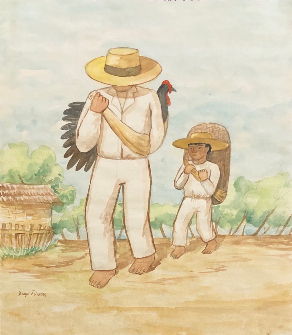 Diego Rivera (Watercolor on Paper) in the Style of: Watercolor on paper painting Diego Rivera appears lower left , Painting Size: 14 x 12 inches. The painting is framed. Provenance; Acquired directly from the artist on 1964 and thence by descent to the