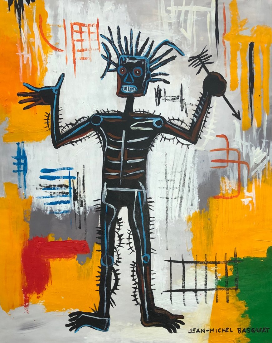 Jean Mitchel Basquiat (Mixed Media on paper) Style of: Gouache on paper painting,Jean - Michel Basquiat. appears lower right in black Painting size: 13.5 by 11 inches. provenance: Present owner in Paris, acquired in a anonymous sale in 1997 from Diego Cor