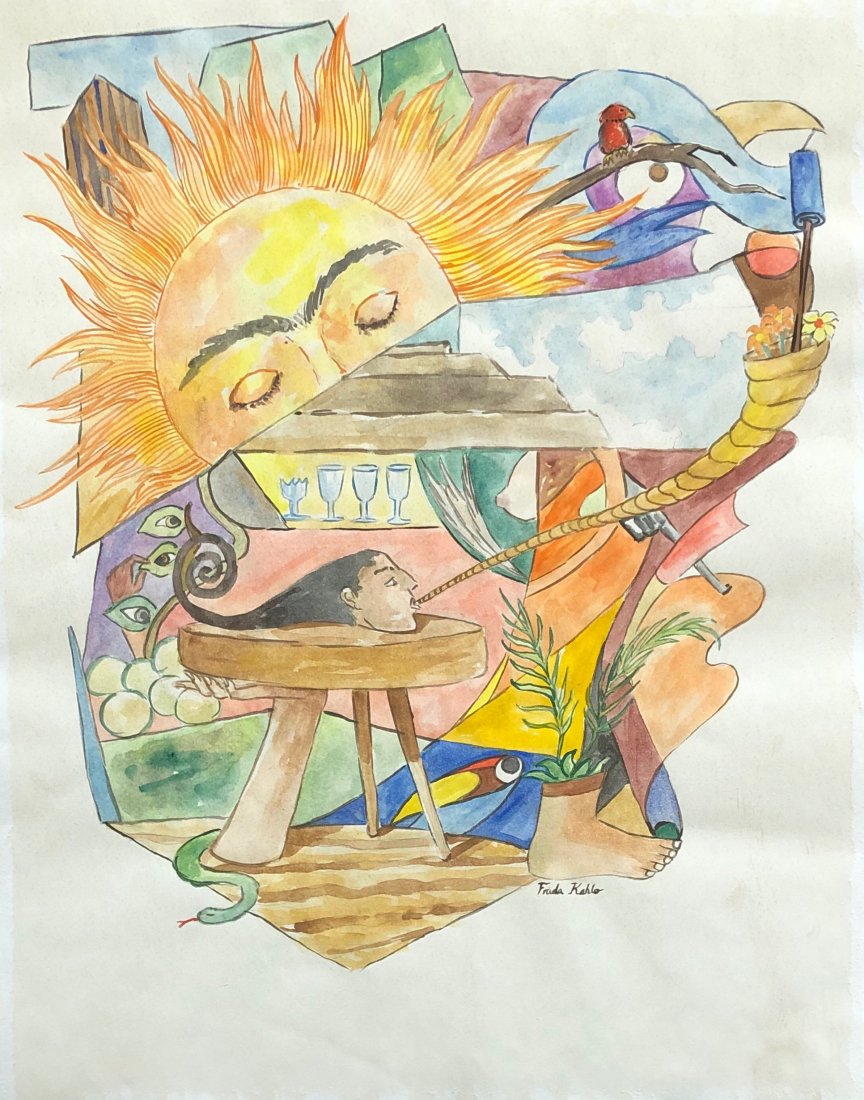 Frida Kahlo (Watercolor on paper) In the Style of: Watercolor on paper painting, appears lower right Frida Kahlo. Painting Size: 13 3/4 x 10 3/4 inches. Provenance; Collection of Mr Luis Albuguengue, Mexico City. Anon Sale 1981 to the present owner. F