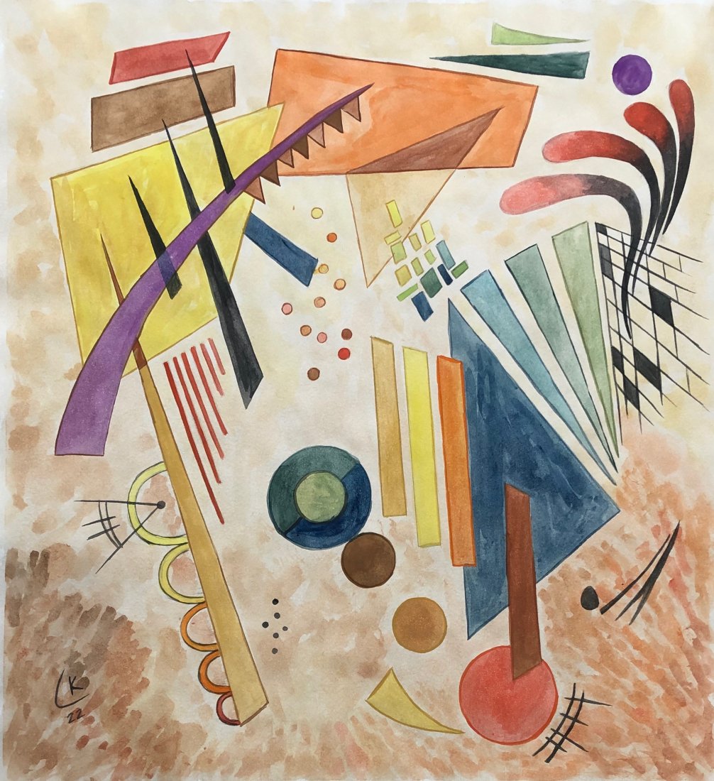 Wassily Kandinsky (Watercolor on paper) Style of: appears Kandinsky 22 . Technique: Watercolor on paper painting Measures: 12 7/8 by 11 3/4 inches, the painting is framed. Provenance Seller in Paris, acquired in 1950 by Carl Gemzell. Wassily Kandinsk