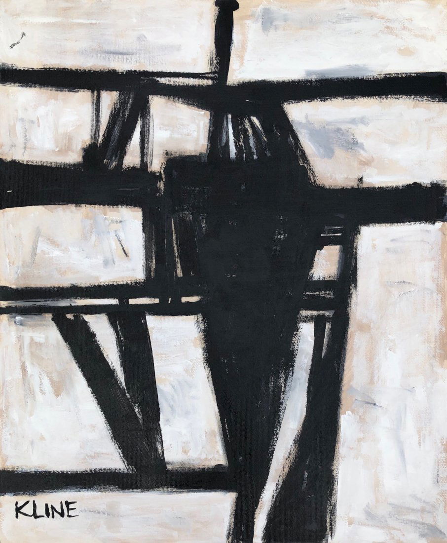 Franz Kline (Oil on Hard Paper) In the style Of: Oil on Hard paper painting, Kline appears on the lower left margin. Dimensions: 24 x 18 inches. Technique: Oil on Hard paper. Provenance: From the State of Gladys Barman friend of the artist. Private