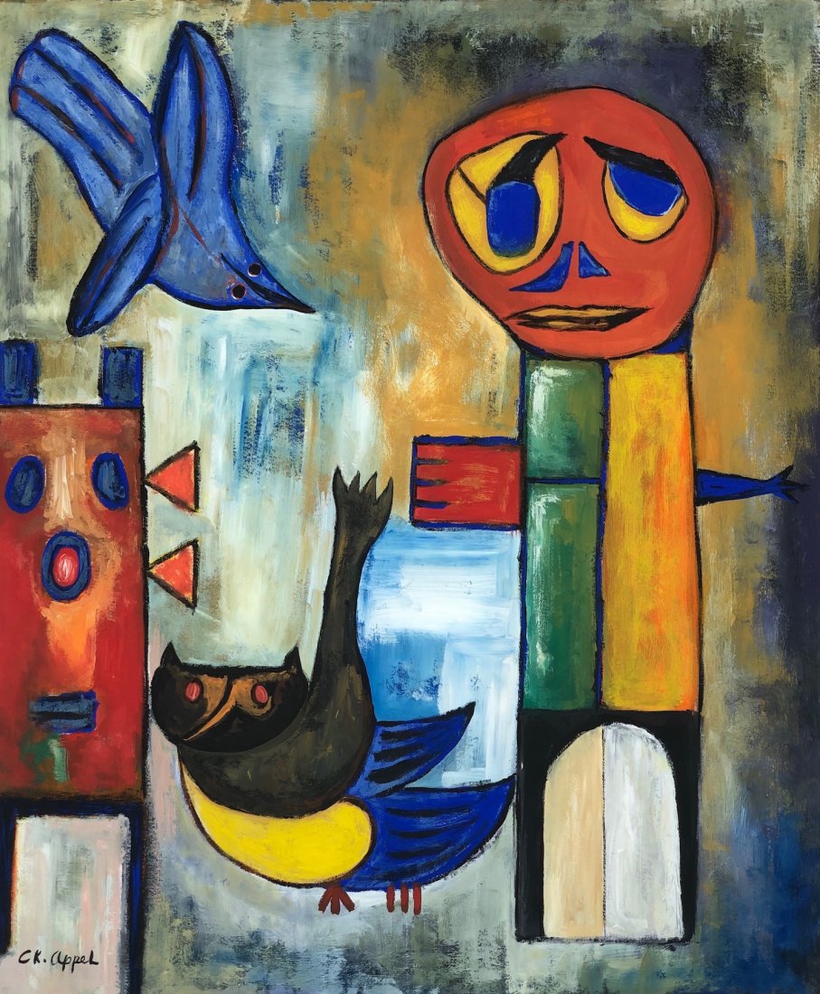 Karel Apple (Gouache on Paper) in the style of: C K. Appel appears lower left, Measures: 14 ¼ x 11 7/8 inches, Technique Gouache on paper. Provenance: Gift from the artist Michel Tapies , Private collection Spain. Lived between (25 April 1921 Â��
