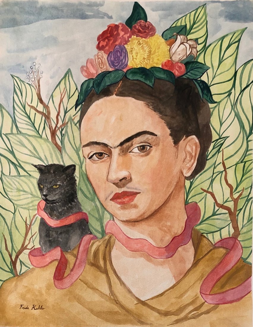 Frida Kahlo (Watercolor on paper) In the Style of: Frida Kahlo appears lower left, Measures: 15 x 11 ¾ Inches. Technique Watercolor on paper. Provenance: Gift from the artist to Soledad Morte , Alberto Misrachi gallery Mexico . Sold to Francisc