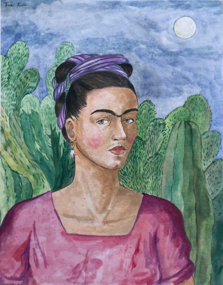 Frida Kahlo (Watercolor on paper) In the Style of: Frida Kahlo appears upper left, Measures: 14 x 11 Inches. Technique Watercolor on paper. Provenance: Private collection Mexico City Rafael de Diego , Acquired in 1960 by Xavier Moysen . Exposition Mus