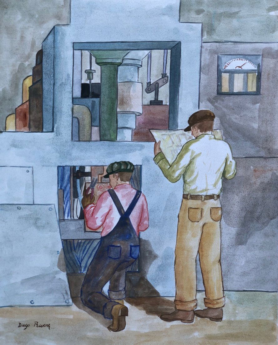 Diego Rivera (Watercolor on Paper) in the Style of: Diego Rivera appears lower left. Painting Size: 14 5/8 x 12 inches. Provenance: Collection of Augusto de la Concepcion . Mexico, Galeria Alberto Misrachi Mexico . Acquired from Mr. Gonzalo Pineda from