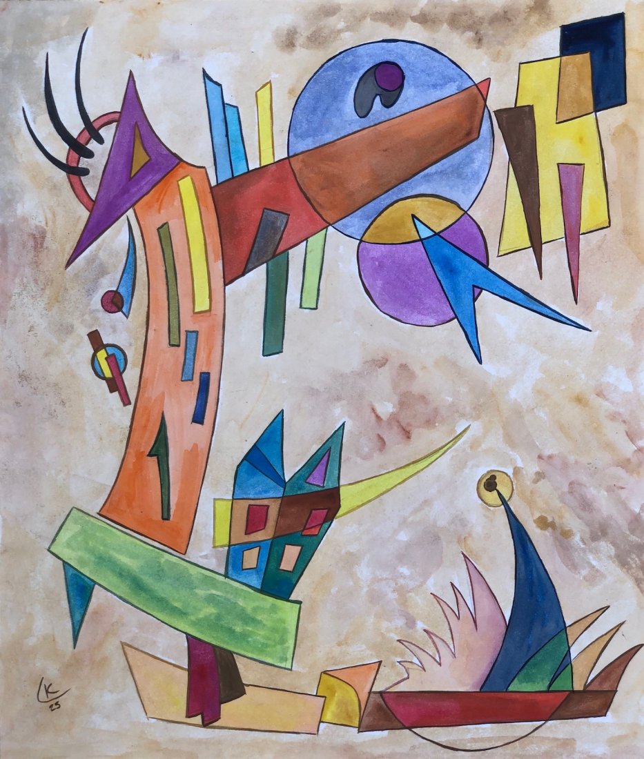 Wassily Kandinsky (Watercolor on Paper) in the style of: Wassily Kandinsky appears lower left. Painting Size:13 x 11 ¼ Inches. Provenance: Private collection Italy , Acquired from Vittorio de sica by 1950. Lived Between (4 December] 1866 – 13 December 19