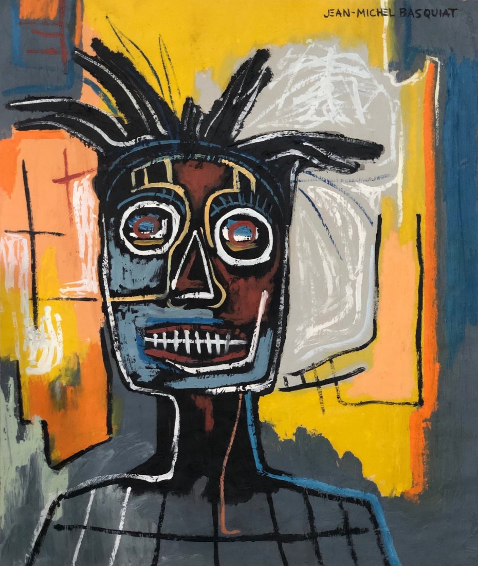 Jean Michel Basquiat (Mixed media on Paper) Style of: Jean - Michel Basquiat upper right, Technique: Mixed media on Paper, Size: 14 1/8 x 12 Inches. Provenance: : Acquired from the artist in New York in 1983 Roberto Stanley . Private collection New York.