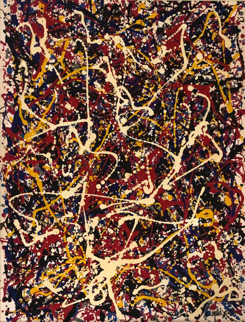 Jackson Pollock (Enamel on Canvas) in the Style of: Jackson Pollock appears lower lright, Measures: : 31 X 24 Inches. Technique: Enamel on Canvas. Provenance: Leon Mnuhin New York Gift from the artist, Private collection Zurich. Sold in US by 1985 sell