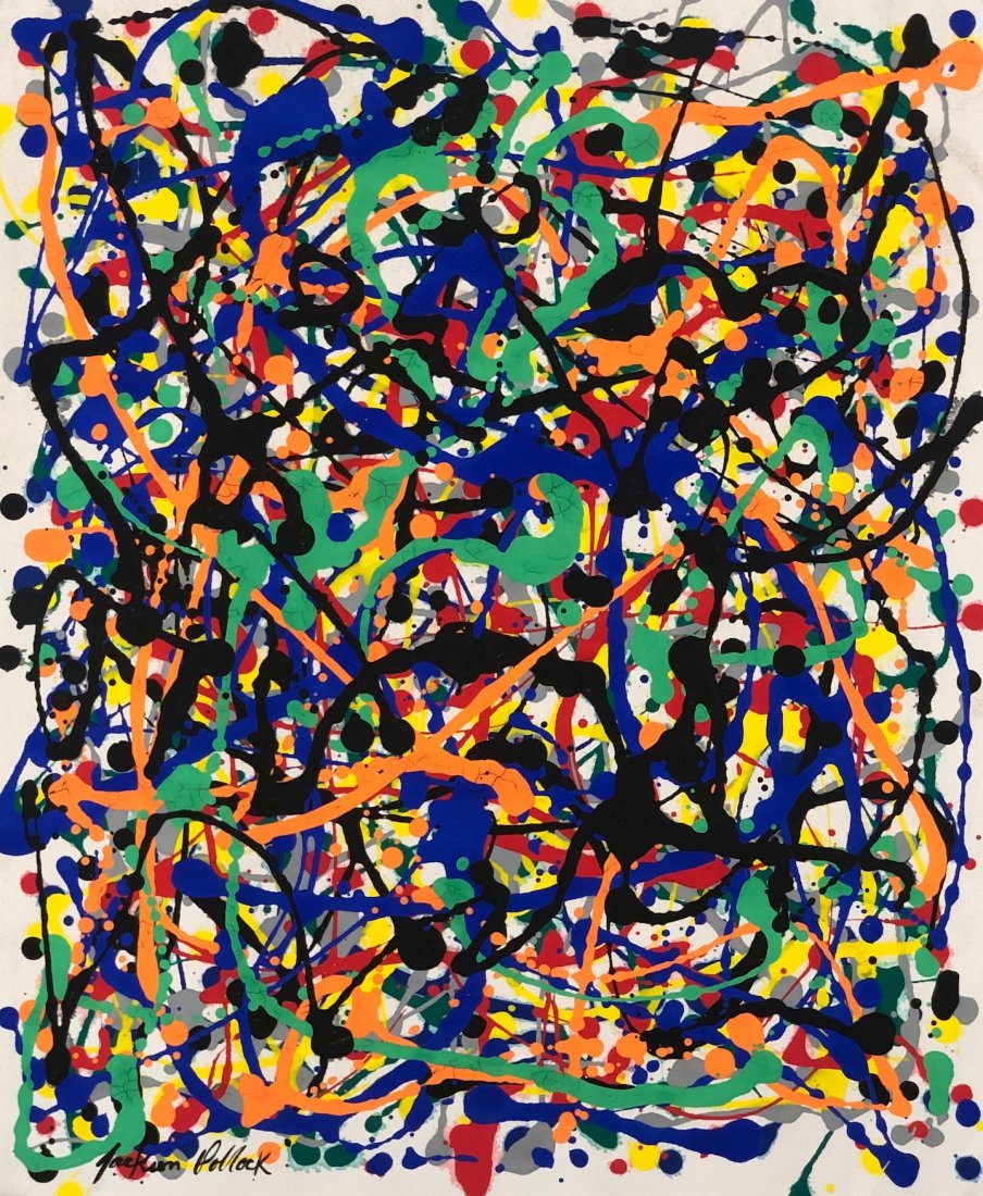 Jackson Pollock (Gouache on paper) in the Style of: Jackson Pollock appears lower left, Measures: 14 ½ X 12 inches. Technique:Gouache on paper. Provenance: Private Collection Palm Beach Florida Acquired directly from the artist. Lived between (J
