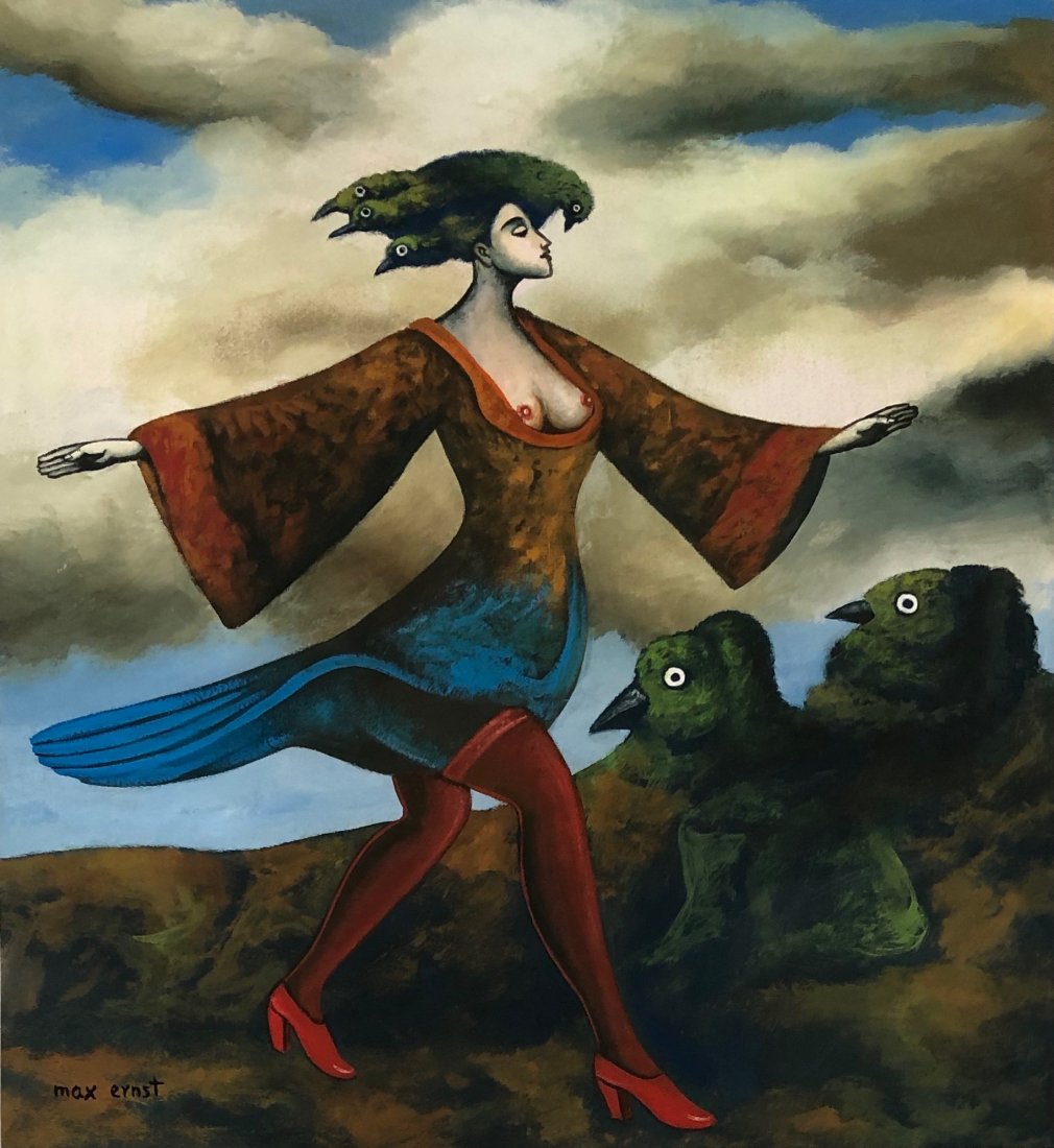 Max Ernst (Gouache on Paper) in the style of: Leonora Carrington appears lower left, Measures:13 1/2 x 12 1/4 Inches Technique: Gouache on paper. Provenance: Private Collection Texas acquired by descent from the son of the last owner Mr Frankling