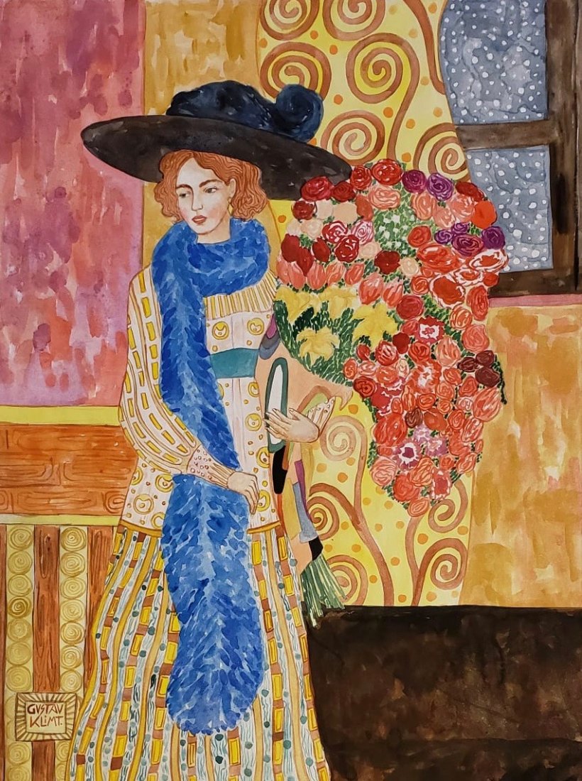 Gustav Klimt (Watercolor on Paper) In the Style of: Gustav Klimt appears lower left. Technique: Watercolor on paper Painting. Size: 16 x 12" Provenance: This Painting is from a Private collection in USA . This Piece was evaluated by Taxo international.