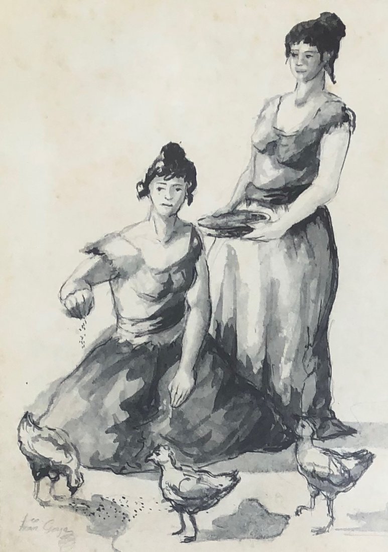 Francisco Goya (Ink/Watercolor on Paper) Style of: Appears Franco. Goya lower left, Measures: 7 7/8 x 4 7/8 Inches. Technique: Ink/Watercolor on Paper. Provenance: Lana Marconi , Paris private collection US , sold by 1970. Lived between (30 March 1746