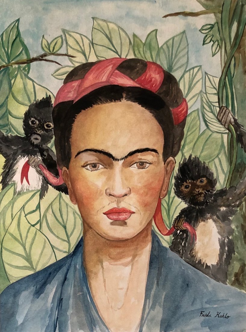 Frida Kahlo (Watercolor on paper) In the Style of: Frida Kahlo Appears in Lower Right . Dimensions: 14 5/8 x 11 Inches , Technique: Watercolor on Paper. Provenance: Private Collector Texas , Purchased in 1976 in Mexico From Javier Moysen Mexican Colle