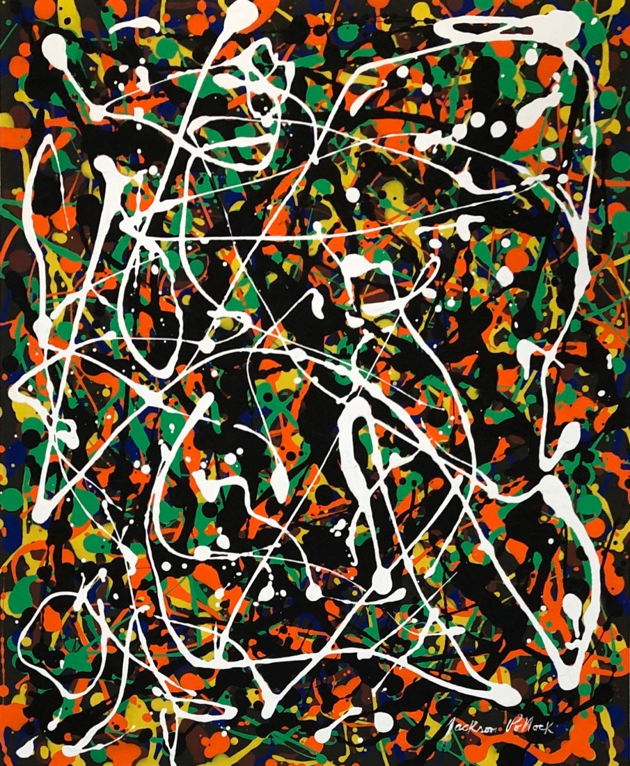 Jackson Pollock (Gouache on Paper) in the Style of: Jackson Pollock appears lower left, Measures: 15 x 12 1/4 inches. Technique:Gouache on paper. Provenance: Private Collection Houston Texas Acquired in new York from Mr Alexander Collen. Lived between