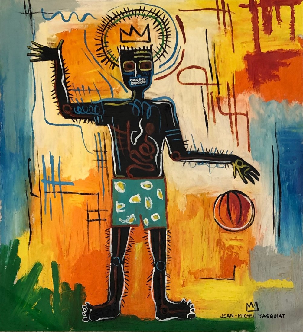 Jean Michel Basquiat (Mixed media on paper) Style of: Jean Michel Basquiat appears in Lower Right Margin. Technique: Oilstick / Mixed Media on Paper. Dimensions: 14 1/2 x 13 1/4 Inches: Provenance: Acquired in 1984 from Basquiat by Enson Diaz. Private co