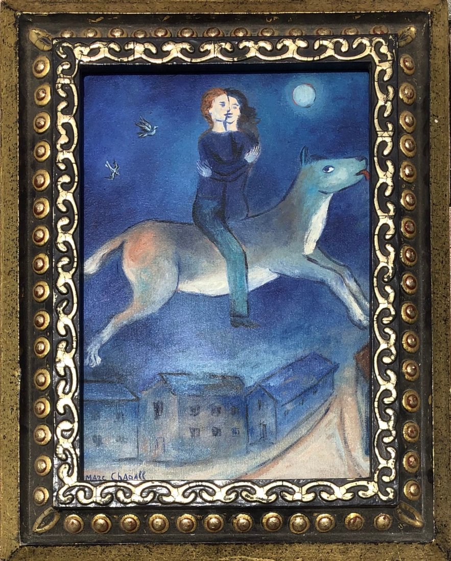 Marc Chagall (Oil on Canvas) In the Style of: Marc Chagall appears lower left, Measures: 14 1/4 x 10 1/4 inches, Technique:Oil on canvas Provenance: Acquired from Jean Lautrec France. Anon sale by 1978 , private collection France. Lived between (
