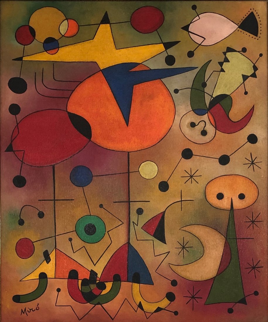 Joan Miro (Oil on Canvas) In The Style of: Miro appears lower left. Technique: Oil on Canvas, Measures: 28 1/4 x 23 1/2 inches. Provenance: Jose Manuel Jimenes ,Andalucia, Descent to Jose Luis Jimenes Spain. Loved Between (20 April 1893 – 25