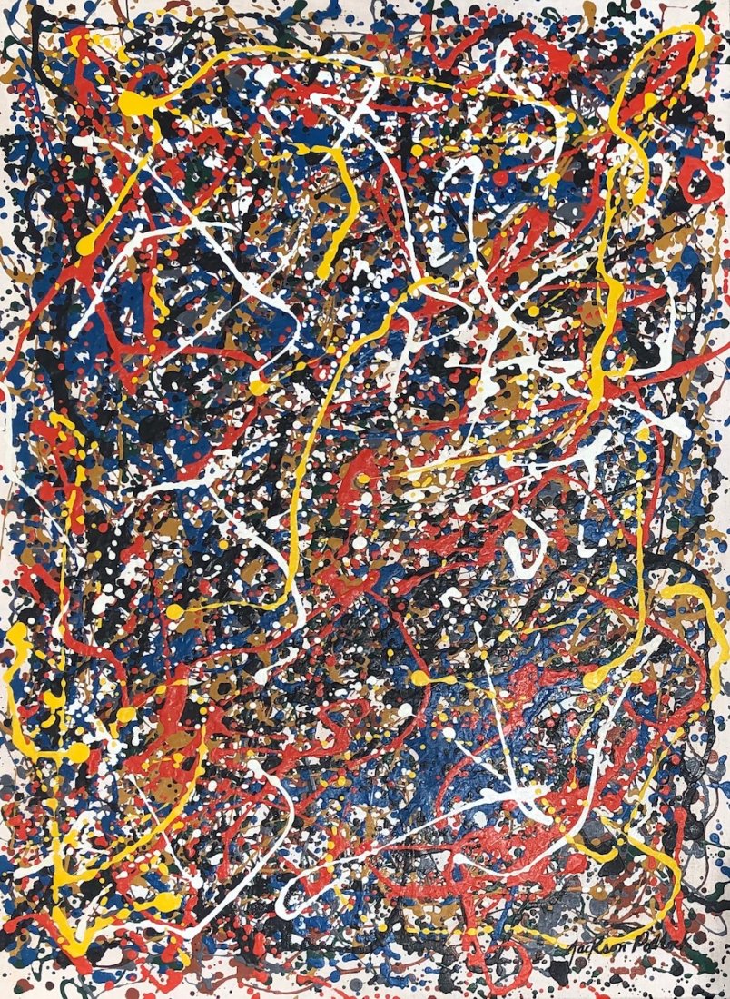 Jackson Pollock (Enamel on Canvas) in the Style of: Jackson Pollock appears lower right. Technique: Enamel on Canvas, Measures: 28 3/8 x 20 3/4inches. Provenance: Private Collection New York Found in a Garage Sale Brooklyn New York. Lived Between (Janu