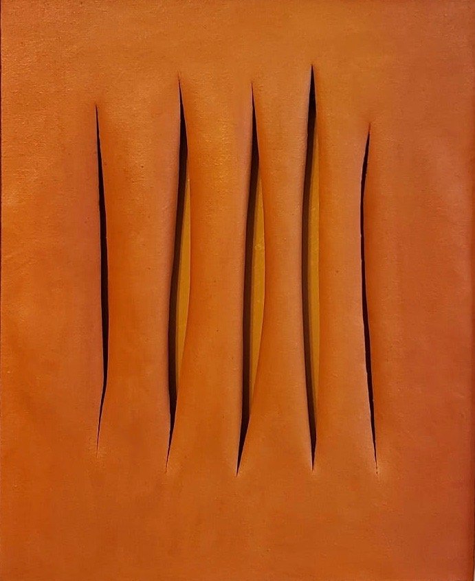 Lucio Fonatana (Oil on Canvas) In the Style of: L. Fontana appears on verso. Technique: Oil on Canvas. Measures: 16 x 13 1/4 inches. Provenance:Private Collection Spain MAria and JOSE Olivera Purchased in Paris by 1964. Lived Between (19 February 1