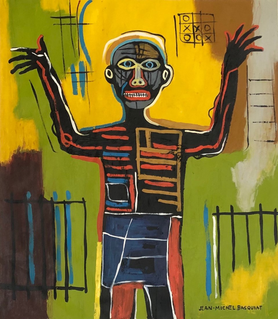Jean Michel Basquiat (Oil stick on Paper) Style of: Jean-Michel Basquiat appears lower right. Measures: 14 1/4 x 12 1/4 inches. Technique: Oil stick on Paper. Provenance: Private Collector New York Sold by 1983 to David Rosembert Private collection New