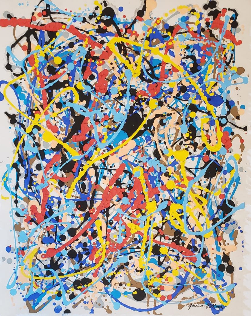 Jackson Pollock (Gouache on paper) in the Style of: Jackson Pollock appears lower right. Measures: 18 x 14 inches. Technique: Gouache on Paper. Provenance: Private collection US Acquired by 1957 by the father of the current Owner. Lived between (Januar