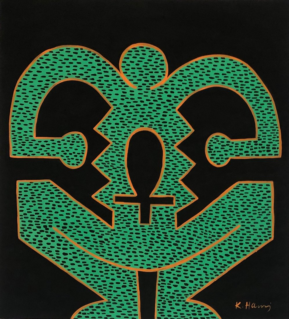 Keith Haring (Gouache on Paper ) in the style of: K.Haring appears lower right. Measures:12 1/2 x 11 3/8 inches. Technique: Gouache on Paper. Provenance: Private Collector /Collection West Palm Beach Florida . Lived between (May 4, 1958 – February