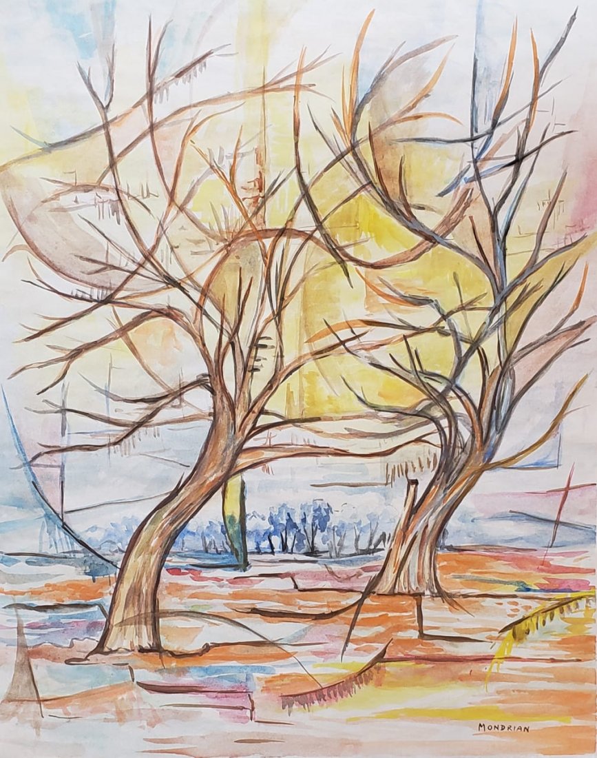 Piet Mondrian (Watercolor on Paper) in the style of: Mondrain appears lower right. Measures: 18 1/4 x 14 1/2 inches. Technique: Watercolor on Paper. Provenance: Anon sale 1964 Private collection Chicago. Lived between (7 March 1872 – 1 February 1944),