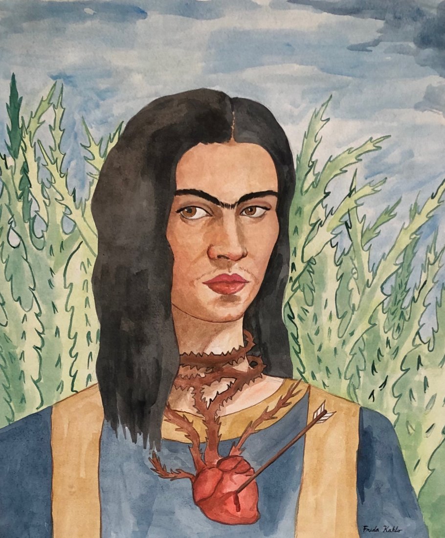 Frida Kahlo (Watercolor on paper) In the Style of: Frida Kahlo appears lower right. Measures: 14 1/4 x 11 7/8 inches. Technique: Watercolor on Paper. Provenance: Private collection Texas Acquired from Mr Gustavo Sendero Mexico City, Acquired from Gall