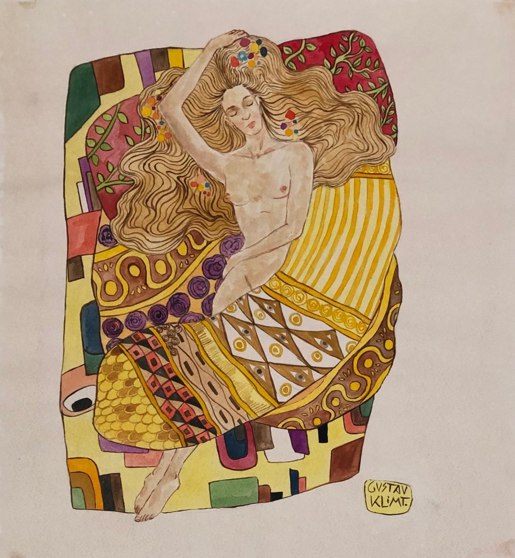 Gustav Klimt (Watercolor on Paper) In the Style of: Gustav Klimt appears lower right. Measures: 13 1/2 x 12 1/4 inches. Technique: Watercolor on paper. Provenance: Private collection Belgium acquired by 1969 from Jeusepe Monrego. Lived between (July 14