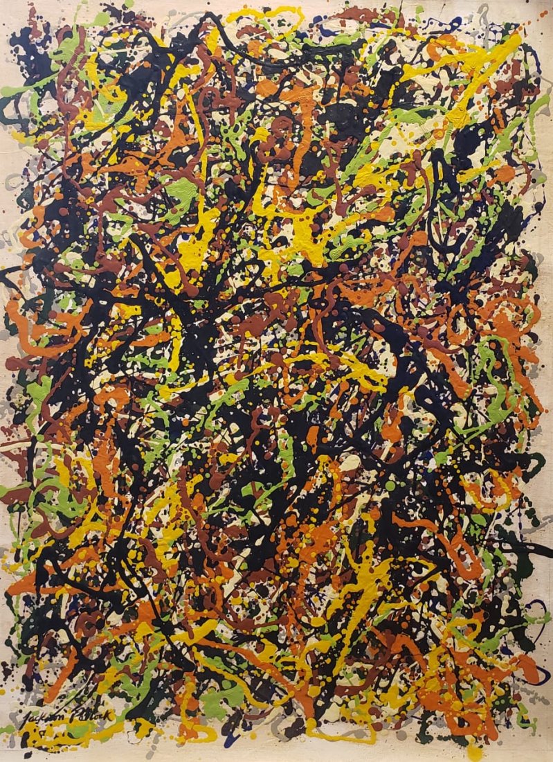 Jackson Pollock (Oil on Canvas) in the style of: Jackson Pollock appears lower left. Measures: 31 1/2 x 23 1/2 inches. Technique: Oil / Enamel on canvas. Provenance: Acquired in New York in 1965 from Robert Brown Sold in 1973 to the father of the cu