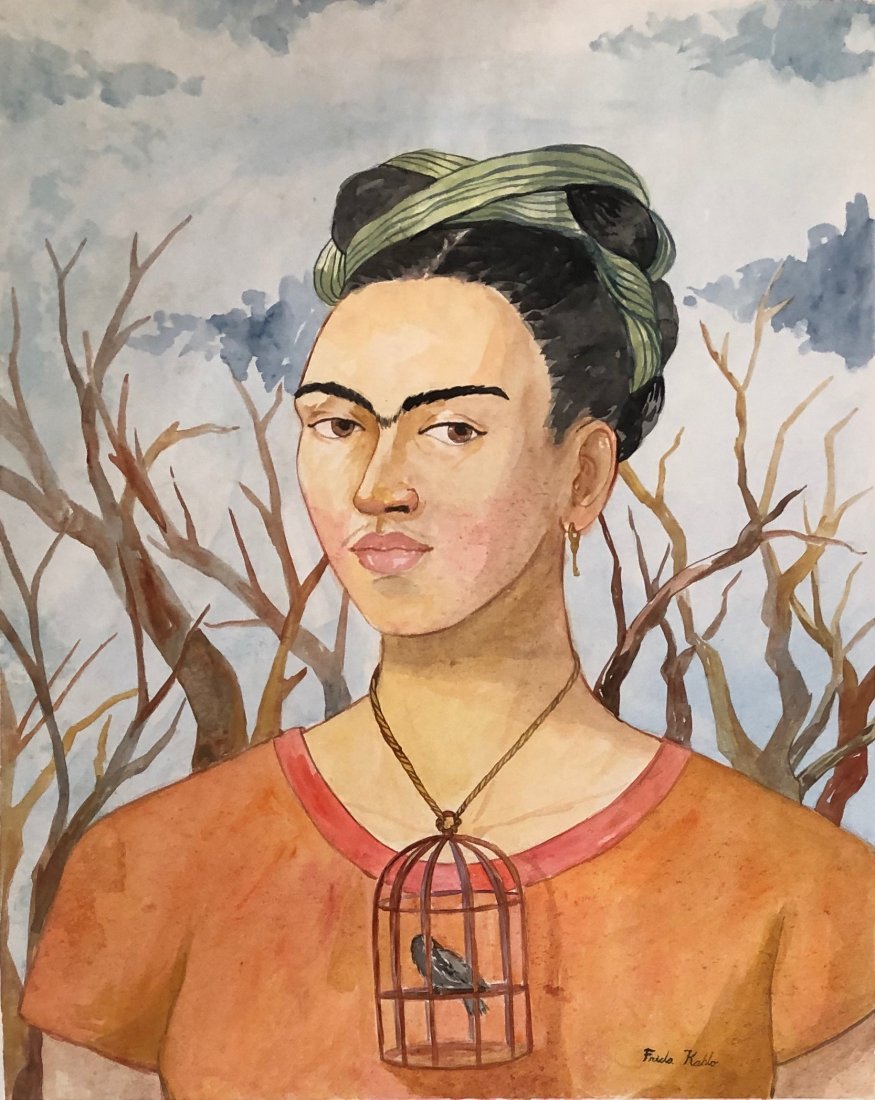 Frida Kahlo (Watercolor on paper) in the style of: Frida Kahlo appears lower right. Measures: 20 1/4 x 16 inches. Technique: Watercolor on paper. Provenance: Acquired in Mexico City by Juana Pasos From the Artist, Sold to Julian Martinez Morelo, Priva
