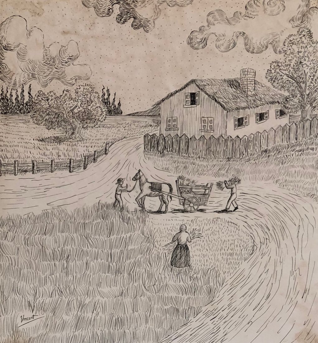 Vincent van Gogh (Ink on paper) In the style of: Vincent appears lower left. Measures: 13 1/2 x 12 3/8 inches. Technique: Ink on paper. Provenance: Hubert Paulus Netherand Sold by 1942 to the grandfather of the present owner Private collector . ( 30