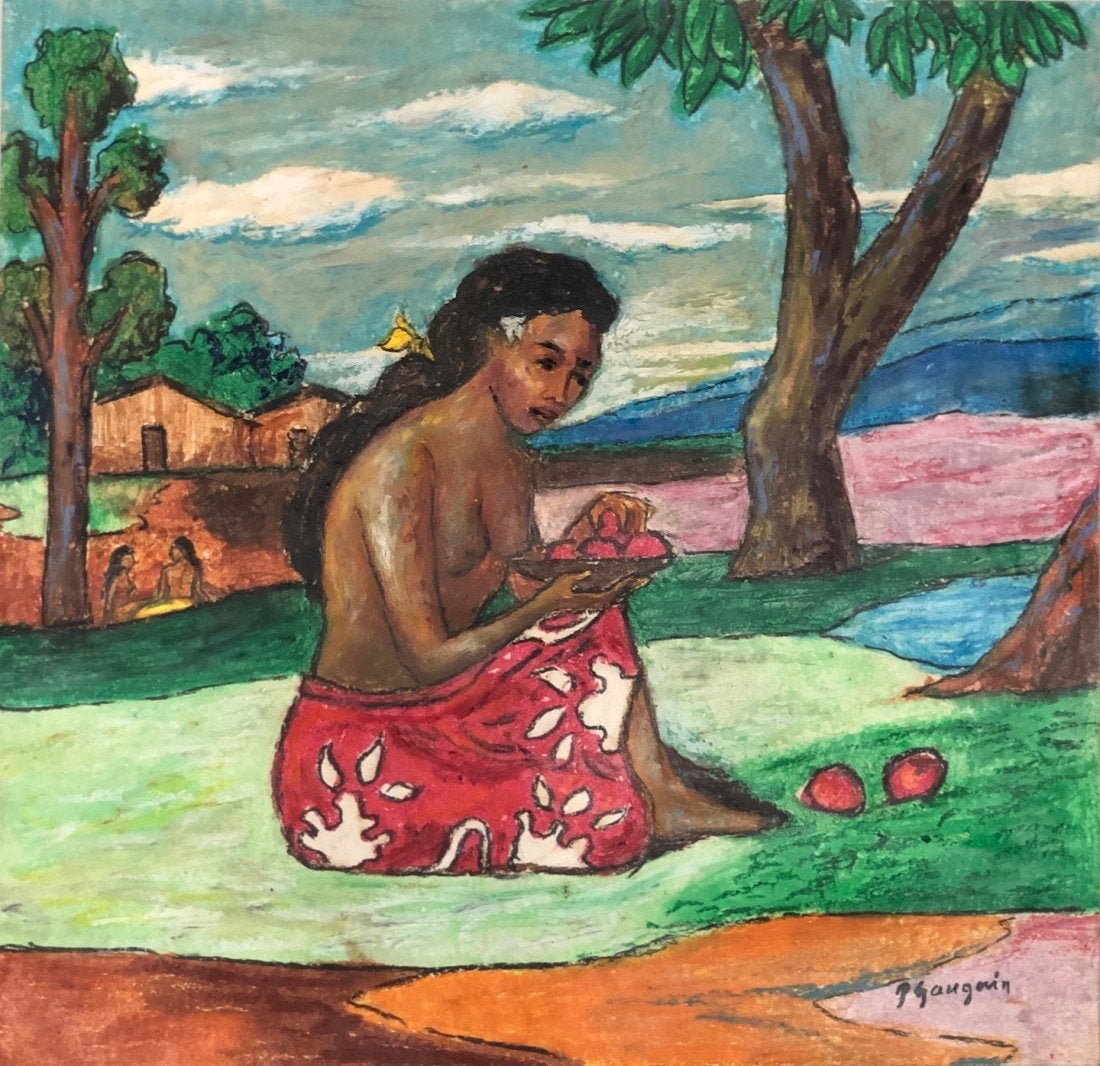 Paul Gauguin ( Pastel on Paper ) in the style of: P Gauguin appears lower right, Measures:12 ½ x 11 7/8 Inches. Technique: Pastel on paper. Provenance: Private collection French, Collection of Paco Durrio , Private collector Spain. Lived between (7 