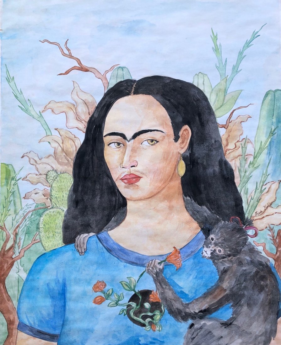 Frida Kahlo(Watercolor on paper) In the Style of: Frida Kahlo. Measures: 22 x 18 inches. Technique: Watercolor on paper. Provenance: this Painting id from the collection of Mr Juan Alberto Gomes Mexico City an important art collector , Purchased in 1