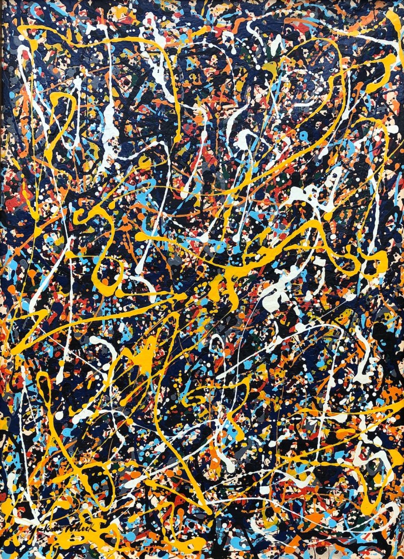 Jackson Pollock (Enamel on Canvas) in the Style of: Jackson Pollock appears lower left. Measures: 28 3/4 x 20 7/8 inches. Technique: Oil on canvas. Provenance: Purchase by Dorian Rochel in New York by 1963, Private collection US Lived between (January 