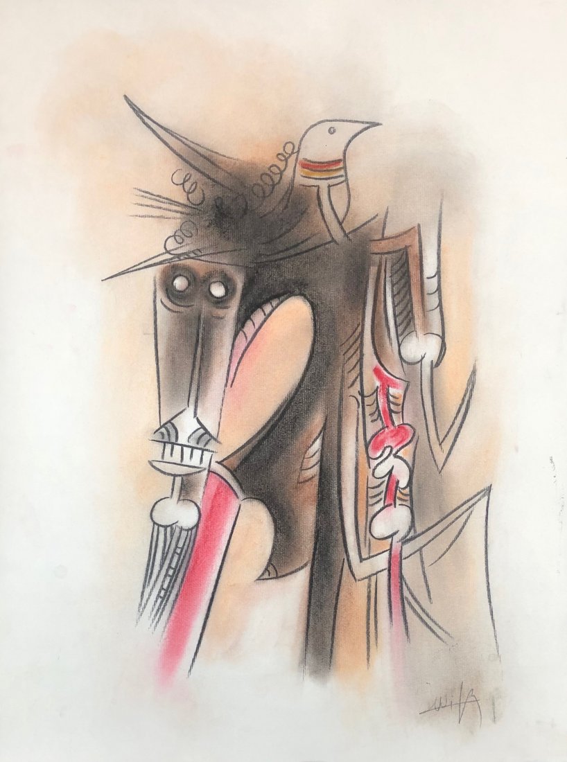 Wifredo Lam (Pastel on Paper) In the Style Of: Wifredo Lam. appears lower right. Measures: 20.5 x 16.5 inches. Technique: Pastel on paper Provenance: Private collection La Habana Cuba Maria de Los Angeles Herrera Sold to a Private collector in Wes