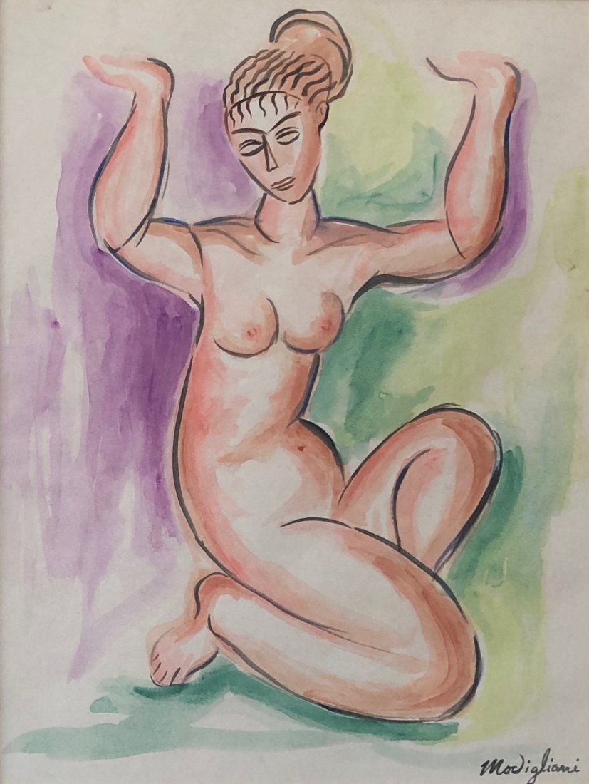 Amedeo Modigliani (Watercolor on Paper) In the style of: Modigliani appears lower right . Technique: Watercolor on paper . Measures: 14 by 10 5/8 inches . Provenance: Private collection. Lived Between (12 July 1884 – 24 January 1920) was an Italian Jewish